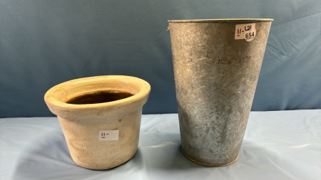 Galvanized Sap Pail & Painted Terra Cotta Flower Pot