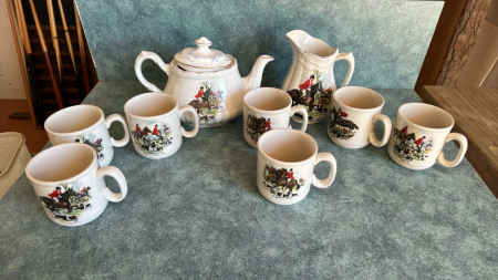 English hunt scene, teapot, and 7 cups and pitcher