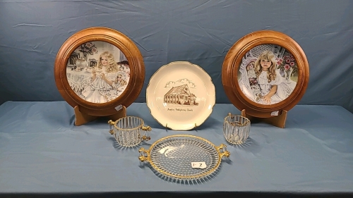 Glass Cream & Sugar on Tray and 3 Collectors Plates