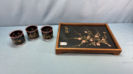 Cutler Glass Tray w/Wood frame &(3) Tumblers-Note