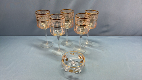 (5)Gold Trim Wine Glasses & Footed Glass Bowl-Note