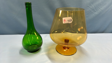 9" Amber Pedestal Bowl & 10" Green Bottle