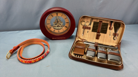 7"H Battery Clock, Mens Grooming Set & 32" Belt