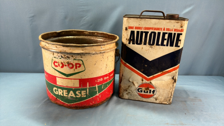 25lb Co-Op Grease Pail, Autolene 2Gal Oil Tin