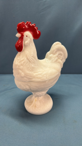 Milk Glass Rooster on Nest 9"H