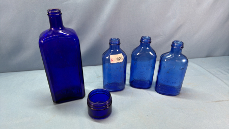 (5) Cobalt Blue Pieces - Largest is 10"H Bottle