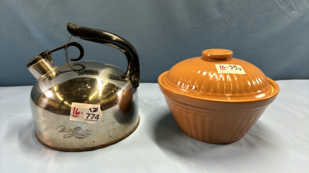 Copper Bottom Tea Kettle and 7.5" Pottery Bowl with Lid