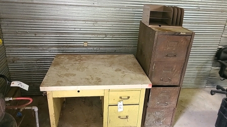 Desk, Filing Cabinet and Small Metal Shelf