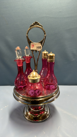 Repro Cranberry Cruet Set in Stand