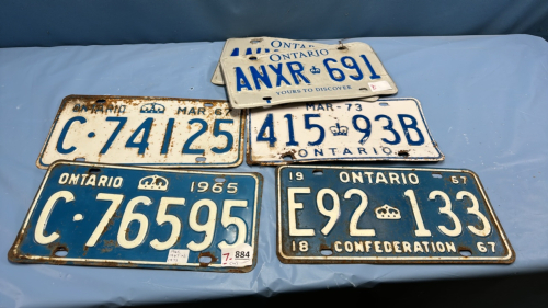 6 Ontario License Plates -1965, 2 -1967, 1973 & Pair with No Year