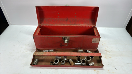 19" Tin Tool Box with a few Sockets & Wrenches