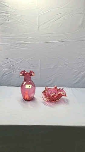 Rossi Glass Cranberry Glass Vase and Fluted Bowl