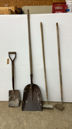 Spade, Scoop Shovel & (2) Large Hoes